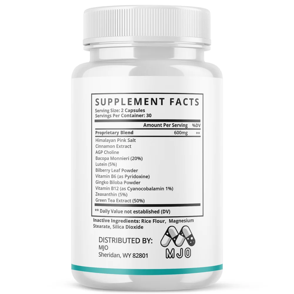 PureLung Supplement Facts panel showing the 600 mg proprietary blend of green tea, bilberry, ginkgo, bacopa, lutein, zeaxanthin, cinnamon, choline and vitamins B6 and B12