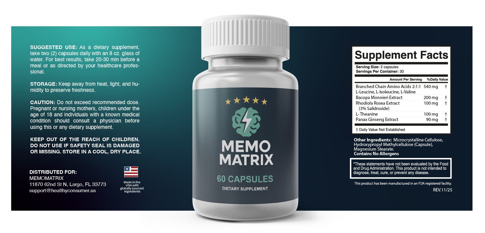 Memo Matrix Supplement Facts label - suggested use, storage, caution and ingredients