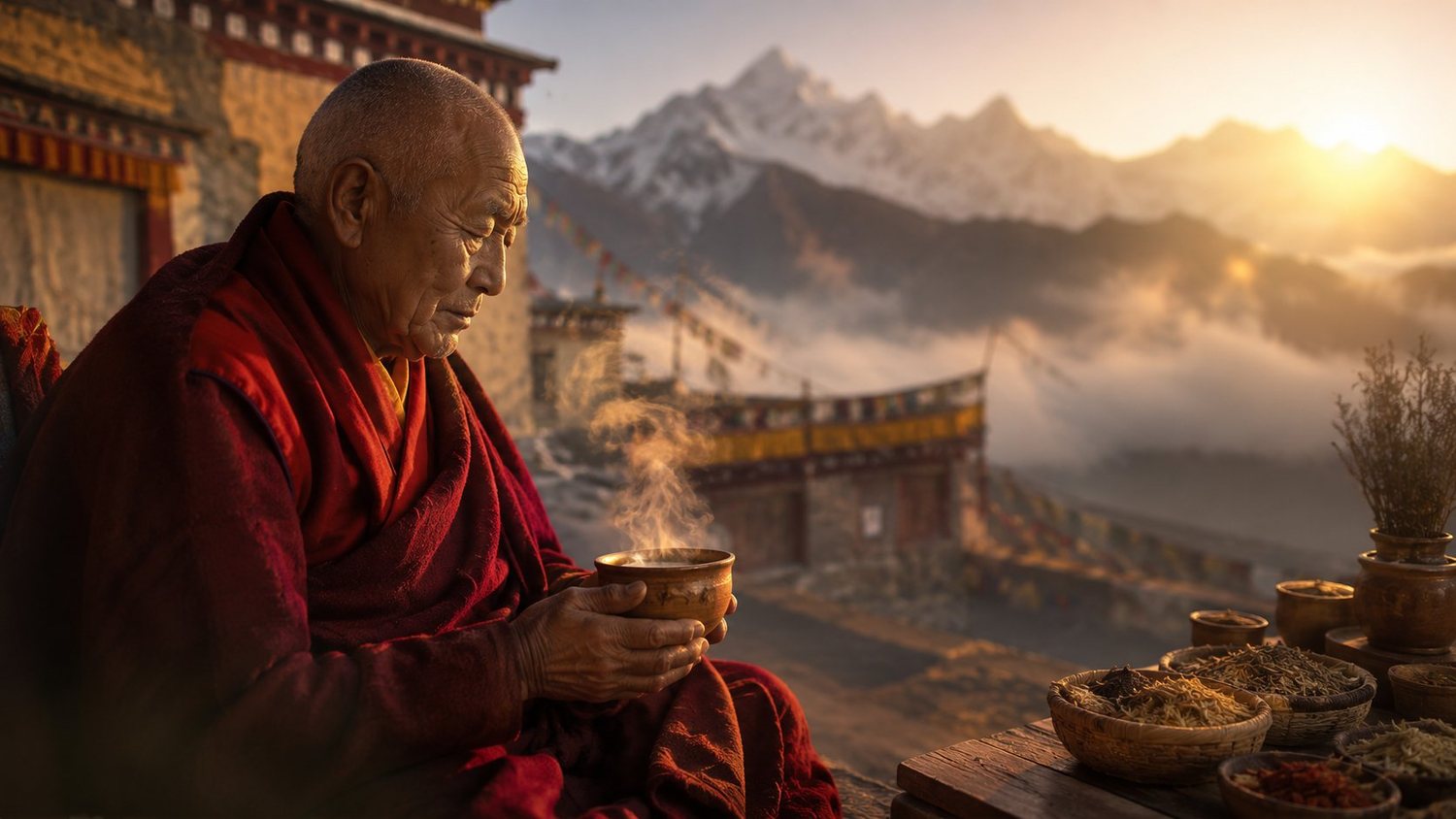 A monk during a quiet morning ritual in the Himalayas